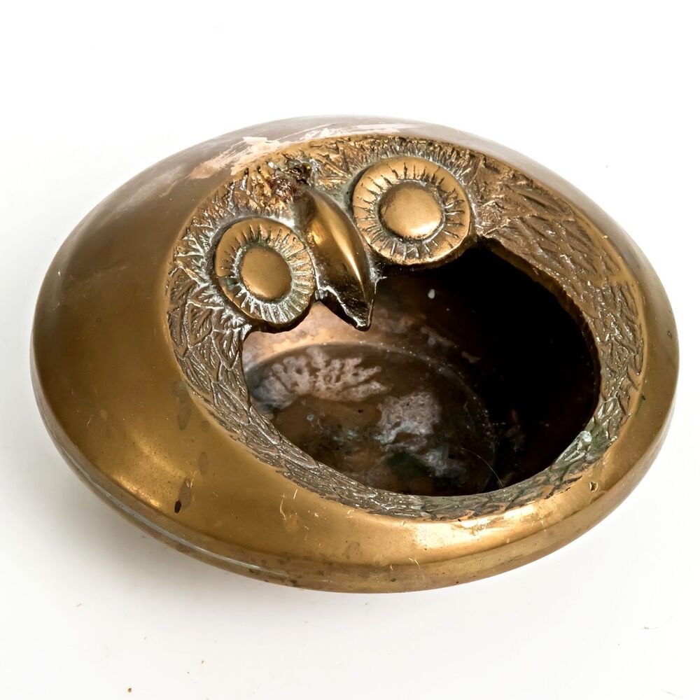 Vintage Brass Owl Open Mouth Ashtray Incense Burner 5.50" Diameter MCM